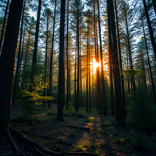 Create an image of a serene forest landscape during golden hour with soft sunlight filtering through the trees, using a Canon EOS R5, 24mm lens, f/8 aperture, ISO 100, shot from a low angle to capture depth and vibrant colors.