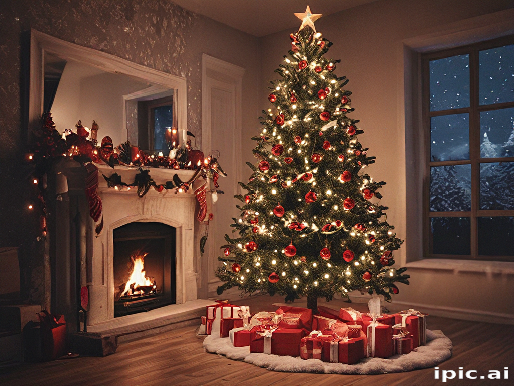 A Cozy Christmas Scene Featuring a Decorated Tree and Fireplace.