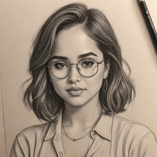 Bewitching Becky G, pencil sketch, portrait of Pleasing woman 1938s in glasses, hair style beatnik, outline, clear lines, fine lines, 8k