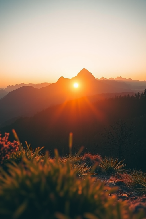 Create a high-resolution image of a serene mountain landscape during sunrise with a warm color palette, using a Canon EOS R5 camera, 24mm lens, f/8 aperture, ISO 100, and a shutter speed of 1/125s. View the scene from a low angle to emphasize the foreground, capturing soft, diffused light for enhanced clarity and detail.