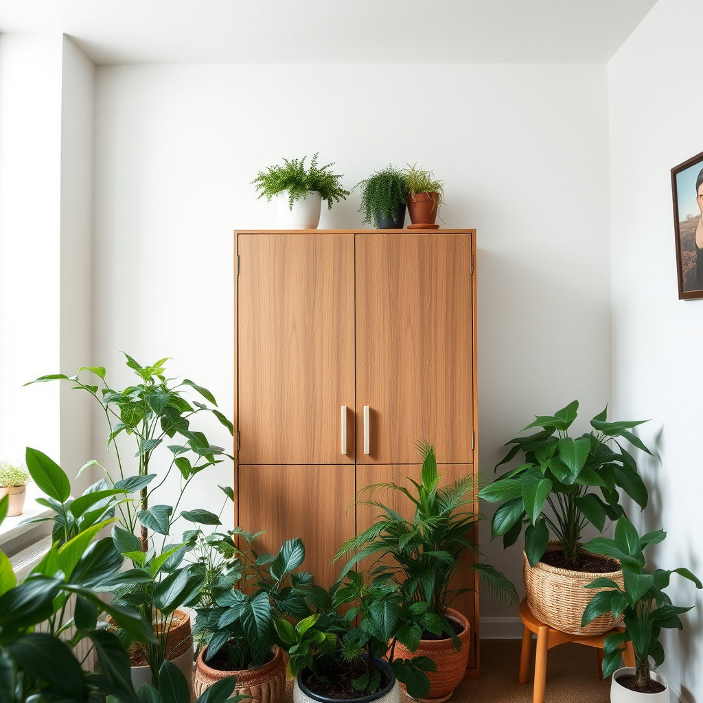 Interior scene with a minimalist cabinet, surrounded by potted plants, soft natural lighting, camera settings: ISO 200, f/4, 1/60s, camera view: wide-angle, camera style: modern aesthetic, camera type: DSLR.