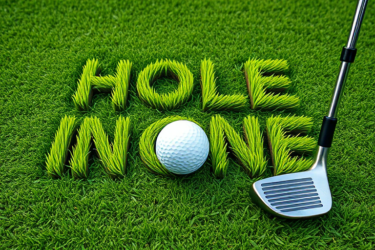 create an image featuring the text "hole in one" made of lush green grass with a golf ball and a golf club beside it, shot with a DSLR camera at f/2.8 aperture, ISO 100, 50mm lens, natural lighting, front view, high resolution