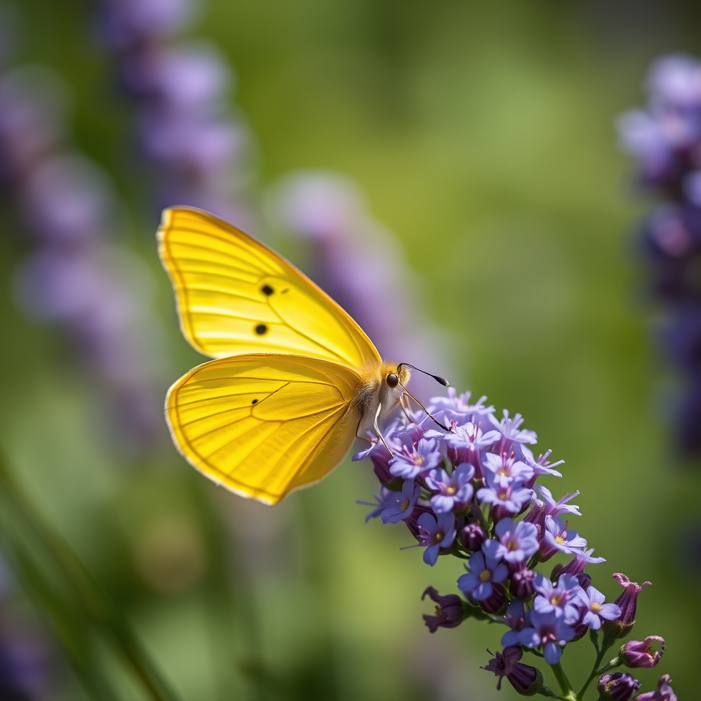 macro shot of a yellow butterfly resting on purple flowers with soft bokeh background, aperture f/2.8, ISO 100, shutter speed 1/200s, 50mm lens, shot in natural light, DSLR camera