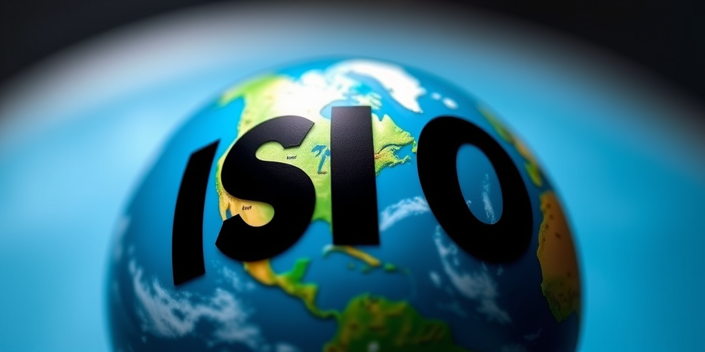 Generate an image of a stylized globe with bold text "ISO" across it, using a DSLR camera at ISO 200, aperture f/4, shutter speed 1/125 sec, in macro view, with a soft focus background, and vibrant color saturation for enhanced detail and clarity.
