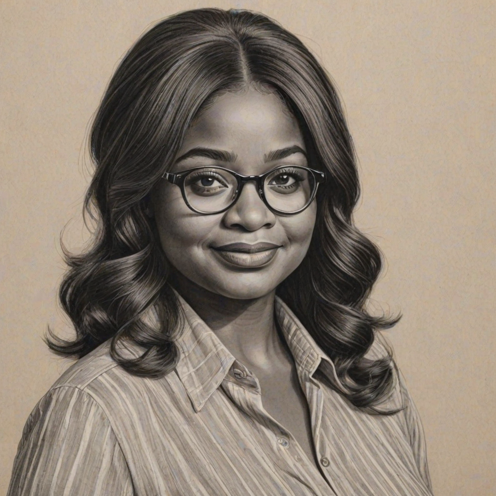 Stunning Octavia Spencer, pencil sketch, portrait of Fascinating woman 1971s in glasses, hair style beatnik, outline, clear lines, fine lines, 8k