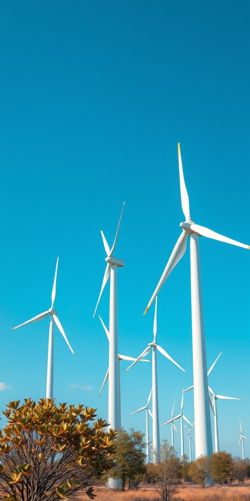 Generate an image of multiple wind turbines in a clear blue sky, using a DSLR camera, 24mm lens, f/8 aperture, ISO 100, with a high dynamic range, and a wide-angle view for enhanced detail and perspective.