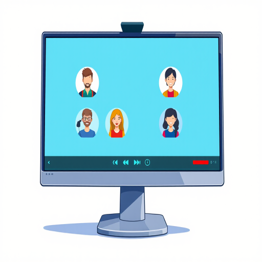 Create an illustration of a computer monitor displaying a video call interface with four participants' icons against a bright blue background, using a 50mm lens, f/1.8 aperture, 100 ISO, and top-down view to enhance clarity and detail in a digital art style.