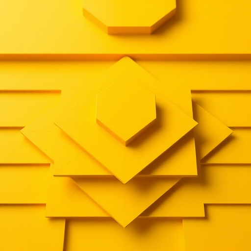 Create a high-resolution image of yellow geometric shapes arranged in layers, using a DSLR camera with a 50mm lens, aperture f/2.8, ISO 100, and a slight tilt-shift effect for depth, with soft lighting to enhance shadows and highlights.