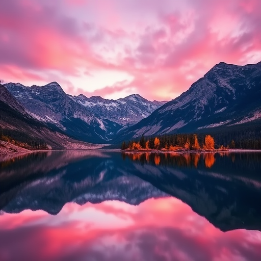 create a vibrant landscape with mountains reflecting in a serene lake at sunset, featuring pink and purple skies, bright glowing trees along the shore, with sharp focus and high dynamic range, shot with a Canon EOS R5, 24mm f/1.4 lens, ISO 100, aperture f/8, 1/125 second exposure