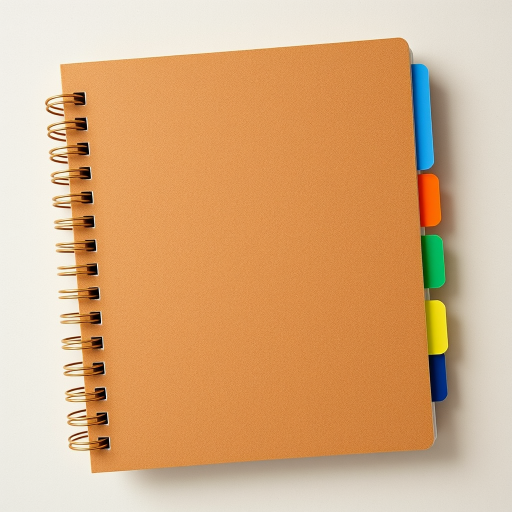 Create a high-resolution image of a closed brown spiral notebook with a textured cover and colorful tabs on the side, captured in natural light with a Canon EOS 5D Mark IV, aperture f/4, shutter speed 1/60s, ISO 200, top-down view for detail enhancement.
