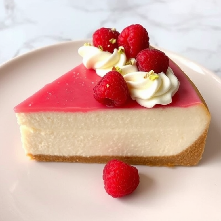 A slice of cheesecake with a smooth creamy texture featuring a layer of pink raspberry-flavored topping, garnished with fresh raspberries and a swirl of whipped cream, sprinkled with crushed pistachios, served on a light-colored plate against a marble background.