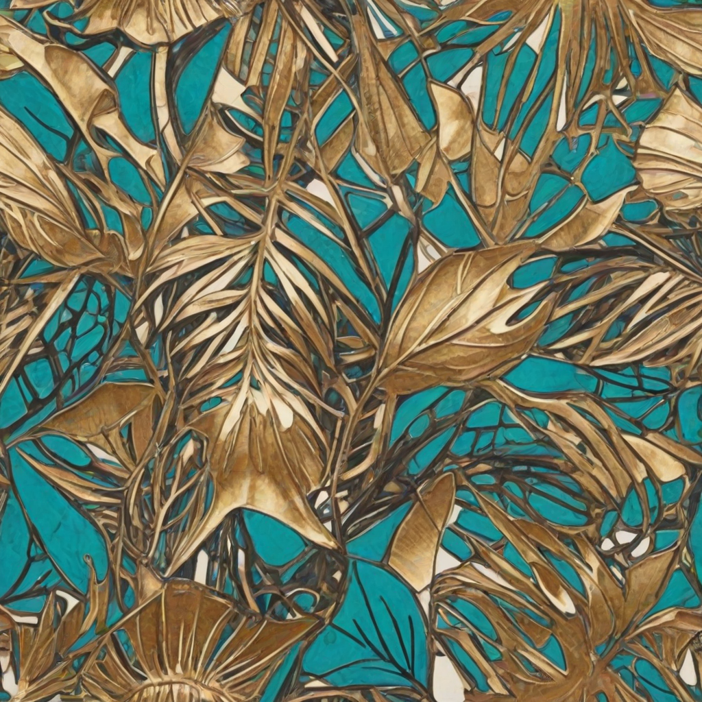 Abstract style art of (Fixated Painting:1.3) of (Sketched:1.3),(Energetic:1.3) Turquoise,    polygon,  elements,  Ivory,    Amber, Gold,  Bronze,   Amethyst,    Animal,  Ring,       embroidery, Tattooed Skin: Body art created with ink injected into the skin.,Bronze Bells: Bells cast from bronze, used in religious ceremonies and for signaling.,Girdle: A belt or sash worn around the waist, often decorative.,Palm Fronds: Large, fan-like leaves from palm trees. <lora:c0ntr4stbwXLP:1> c0ntr4stbw,(by Artist P.A. Works:1.3),(Modern European Ink Painting:1.3),(Low Contrast:1.3), Non-representational, colors and shapes, expression of feelings, imaginative, highly detailed