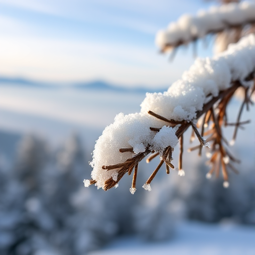 Softly focused close-up of a snow-covered pine branch, delicate snowflakes catching soft morning light, with distant mountains barely visible through the mist and a soft blue sky overhead.