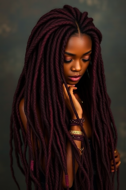 Sultry burgundy mermaid locs titled Wine Waves combining the texture of dreadlocks with loose cascading waves adorned with golden cuffs and rings for a luxurious bohemian aesthetic