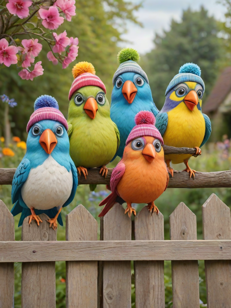 create a scene of 4 quirky  whimsical colourful comical birds each with a funny expression. they are sat on a wooden fence with colourful flowers. they are all different sizes. each one is a different colour  one is wearing a woolly hat. Each one has a different quirky google expression and there is a muted background of trees watercolour paintierly style high definition 8k resolution 3D paper mache