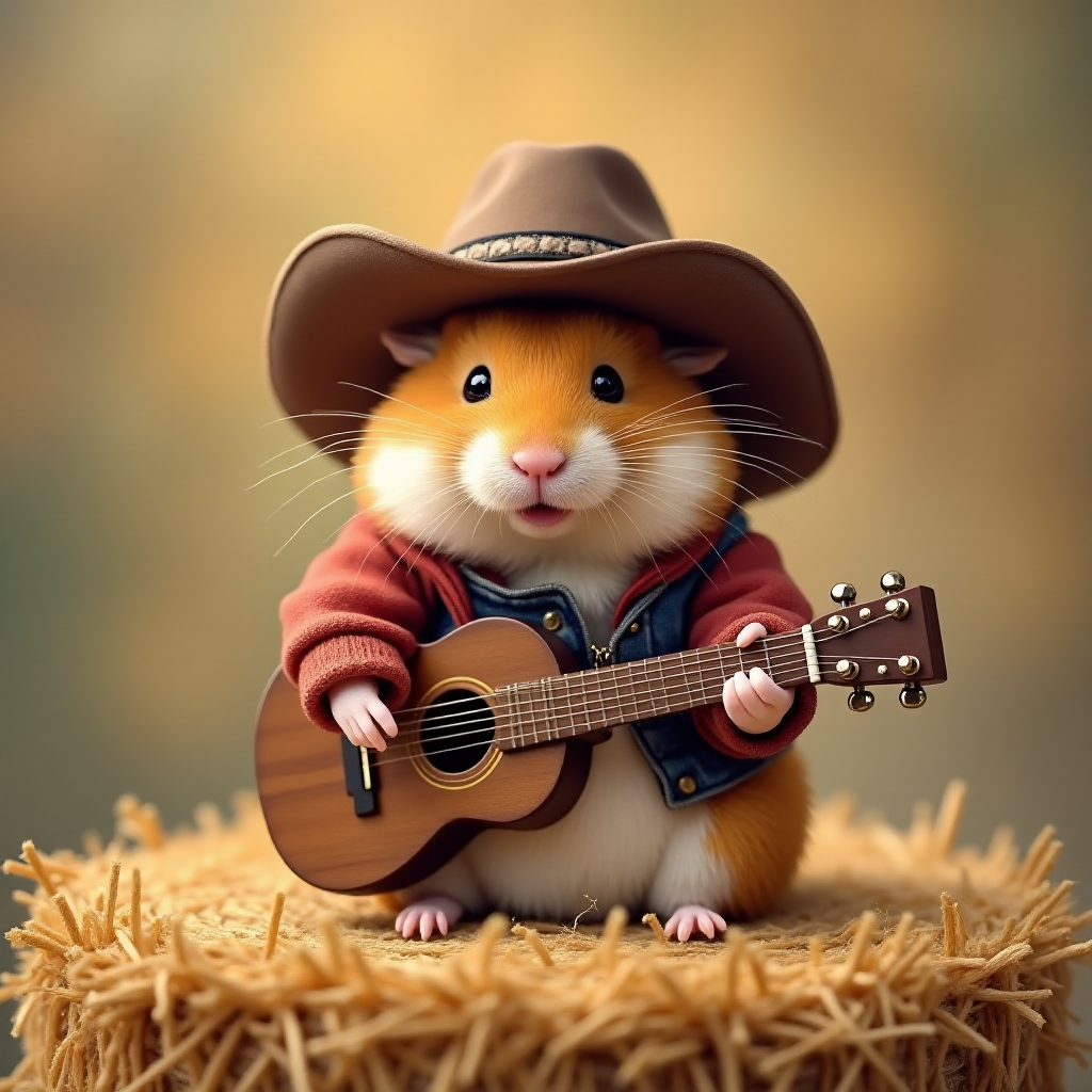 A chibi hamster, dressed as a cowboy, playing guitar, sitting on a hay bale
