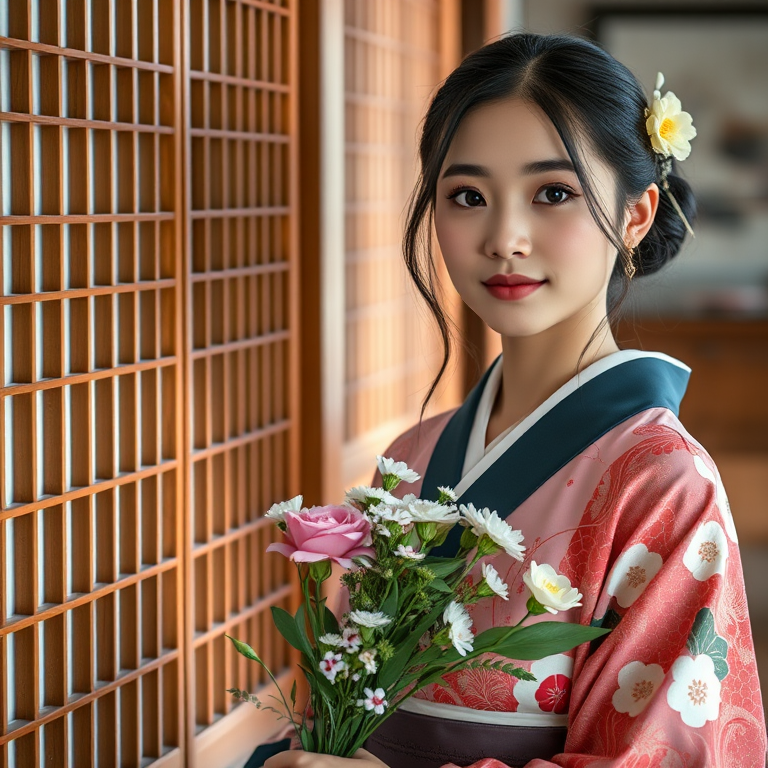 Portrait of a young woman in traditional Japanese attire, holding flowers near a wooden screen, soft natural light, shallow depth of field, 85mm lens, aperture f/1.8, ISO 100, shot with a DSLR camera in a serene indoor setting.