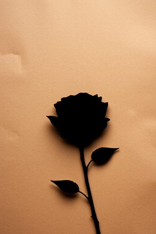 create a high-resolution image of a black rose silhouette on a textured brown paper background with a shallow depth of field, using a DSLR camera with an 85mm lens, f/2.8 aperture, ISO 100, and natural lighting.