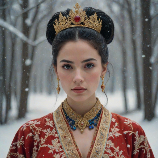 A young woman with long black hair styled in a high bun, adorned with a gold crown and intricate hair ornaments, stares intently at the viewer. She wears a vibrant red and gold embroidered robe with blue accents, a gold belt with a large ornate buckle, and a blue and gold shoulder piece. The woman is positioned in the center of the frame, with the background blurred and filled with falling snow. The image has a soft, ethereal feel with a focus on the woman's face and attire, creating a portrait-like composition. The colors are rich and saturated, with the red, gold, and blue of the clothing standing out against the muted blue and white of the snowy backdrop. The lighting is soft and diffused, casting a warm glow on the woman's face.  The overall mood is elegant and mysterious.  The details of the woman's attire, especially the intricate embroidery and embellishments, add a sense of opulence and grandeur.  The falling snow further enhances the sense of winter magic and wonder.