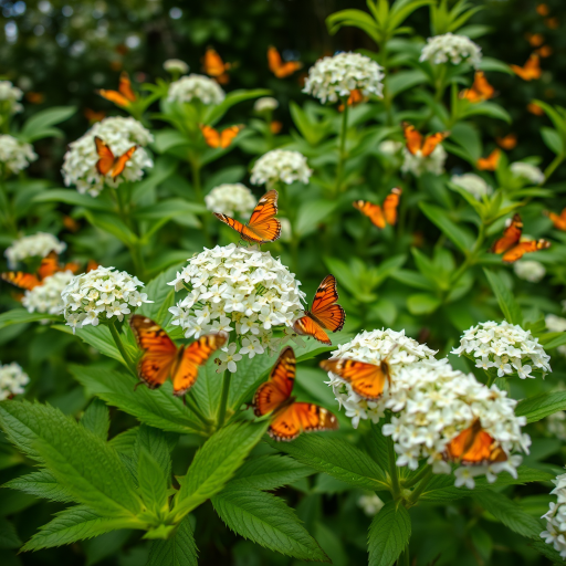 Generate a high-resolution image of a lush green plant with clusters of white flowers and several orange butterflies fluttering around, captured with a macro lens at f/2.8 aperture, ISO 100, 1/250s shutter speed, from a low angle to emphasize depth and detail, using a DSLR camera.