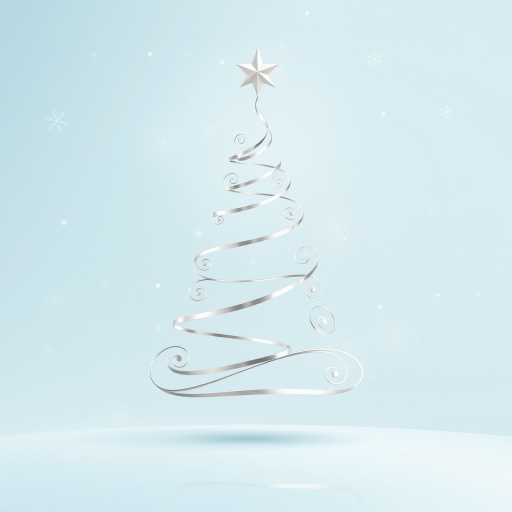 Create a minimalist Christmas tree design featuring silver spirals and stars against a soft blue background with falling snowflakes. The tree should have a modern and elegant look, with a star on top and a smooth, reflective surface. The overall atmosphere should be serene and festive.