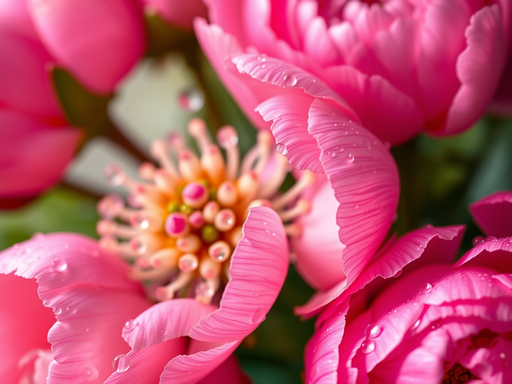 high-resolution close-up shot of pink peonies with water droplets on petals, 50mm lens, aperture f/1.8, ISO 100, natural light, shallow depth of field, DSLR camera