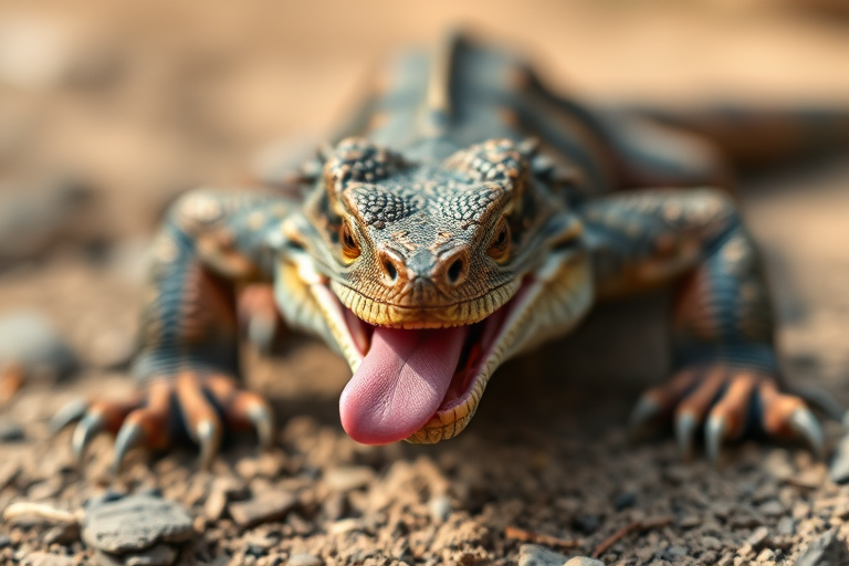 Create a detailed close-up of a Komodo dragon crawling towards the camera with its tongue out, using a shallow depth of field to blur the background, taken with a DSLR camera at f/2.8, ISO 200, 1/400s, in natural light for enhanced colors and textures.
