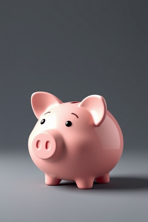 Create a 3D render of a cartoonish piggy bank with a smooth texture, placed at a three-quarter angle, using a Canon EOS R5 camera with a 50mm lens, aperture set to f/1.8, ISO 100, shutter speed 1/200s, soft studio lighting to enhance shadows and highlights.