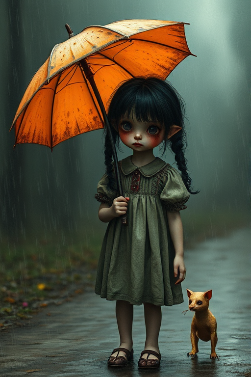 An eerie, weird little girl with dark hair in thin pigtails, wearing a smock dress, standing in the rain, holding a dirty orange umbrella, a small, odd creature beside her. In a surreal style inspired by Nicoletta Ceccoli and Brian Froud. Dark fantasy themes