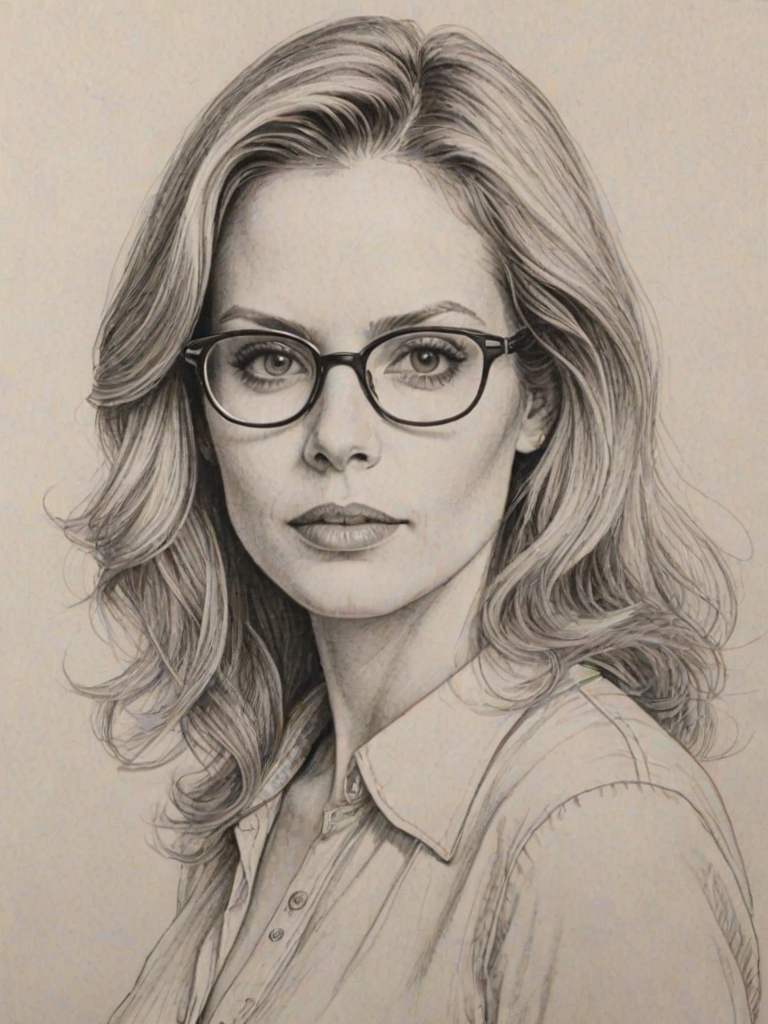 Pleasing Kristin Bauer, pencil sketch, portrait of Appealing woman 1979s in glasses, hair style beatnik, outline, clear lines, fine lines, 8k