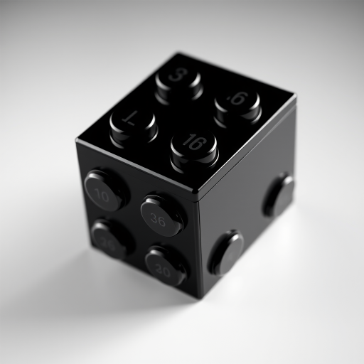 Create a 3D rendered image of a single black and white Lego brick, focused on a top-down view, with lighting emphasizing its glossy surface, using a DSLR camera at f/8, ISO 100, 50mm lens, high resolution.