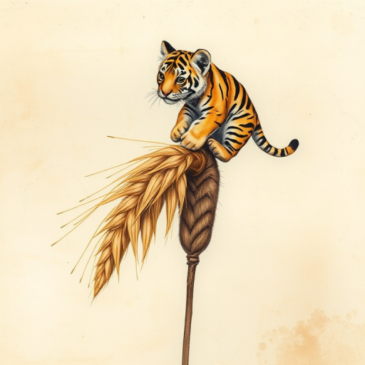 Soft, muted Alcohol Ink with ebru effect background image of tiny whimsical tiger, who climbed high on the top of a golden rye ear.