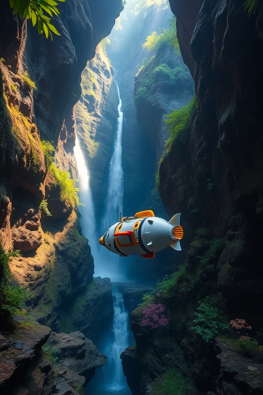 submarine floating in a lush canyon with waterfalls, vibrant colors, high detail, wide-angle lens, f/8 aperture, 1/125s shutter speed, ISO 100, soft natural light, shot with a DSLR camera
