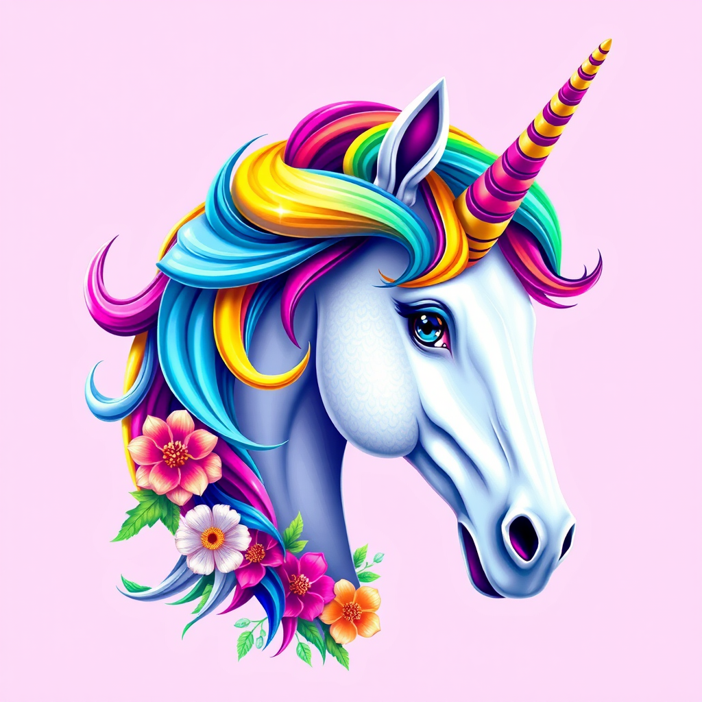 Create a vibrant, high-resolution illustration of a unicorn head with a colorful, spiraled horn and floral decorations around it, using a Canon EOS 5D Mark IV, aperture f/4, focal length 50mm, ISO 100, with a portrait orientation and soft lighting to enhance colors and details.