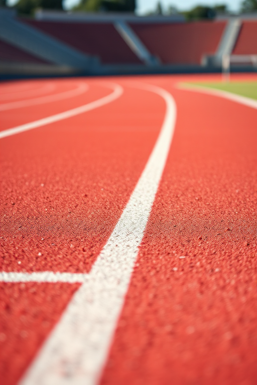 track and field running track with vibrant red surface and white lines, focus on a shallow depth of field to emphasize the texture of the track, captured with a DSLR camera using a 50mm lens at f/2.8, ISO 100, shutter speed 1/2000 seconds, natural daylight with slight shadows for enhanced contrast.