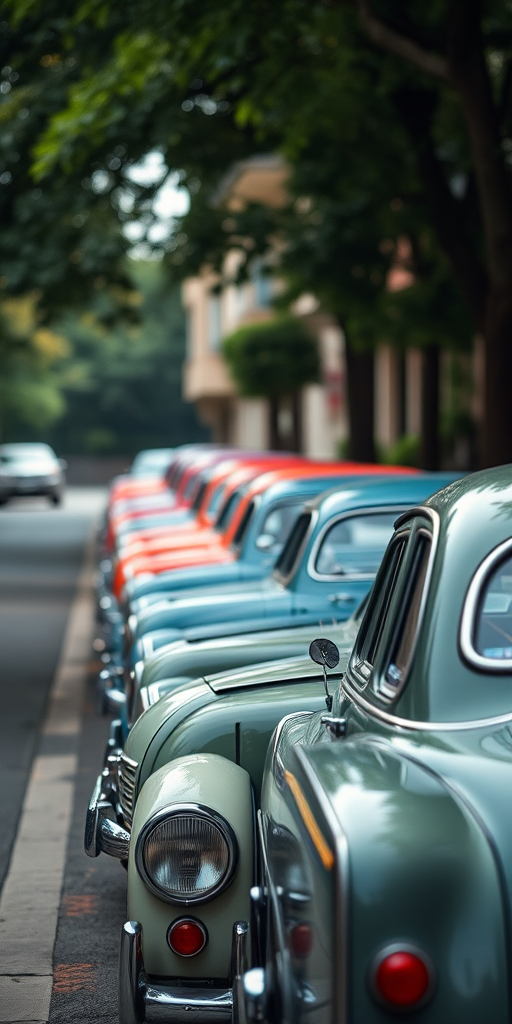 Regenerate the image of a vintage car row parked on a quiet street, shot with a Canon EOS R5, 35mm lens, f/1.8 aperture, ISO 100, in soft natural light with a shallow depth of field for enhanced background blur.