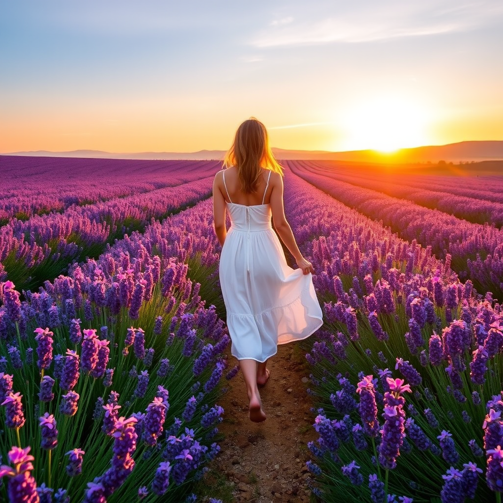 Sunrise over a lavender field, a woman in a flowing sundress walks barefoot among the blooms, the early morning light casting a golden hue over the vibrant purple flowers.