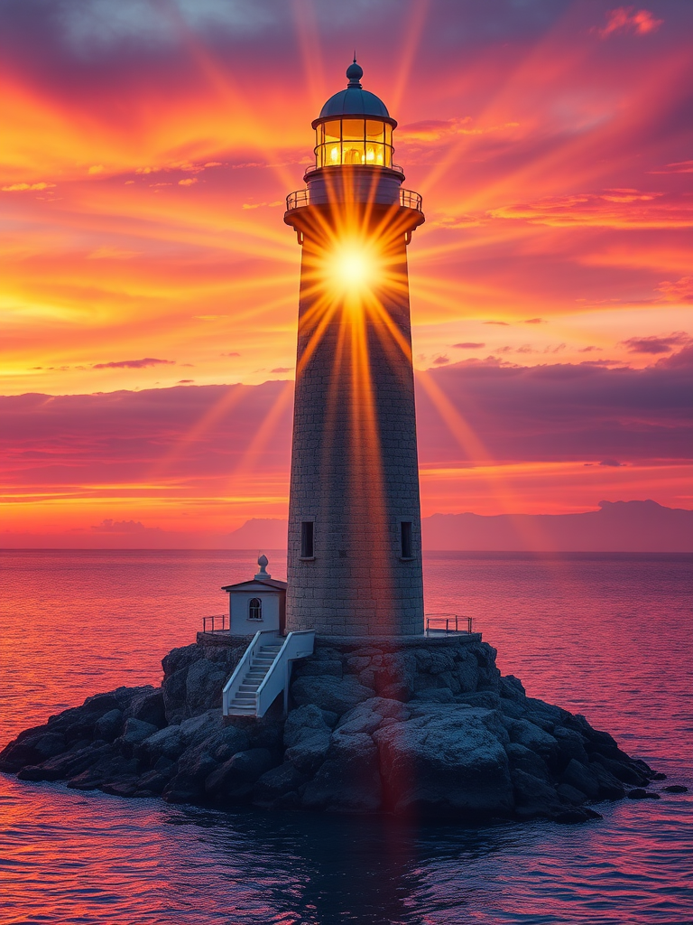 Generate an image of a tall lighthouse perched on a rocky outcrop surrounded by calm ocean waters during a breathtaking sunset. The lighthouse stands sturdy and weathered, its stone surface illuminated by the warm golden light of the setting sun. The sun's rays pass directly through the glass lantern room at the top of the lighthouse, casting a brilliant light across the scene. The sky is painted with vibrant shades of orange, pink, and purple, reflecting off the tranquil sea. The surrounding water shimmers with the same warm hues, creating a serene and majestic atmosphere.