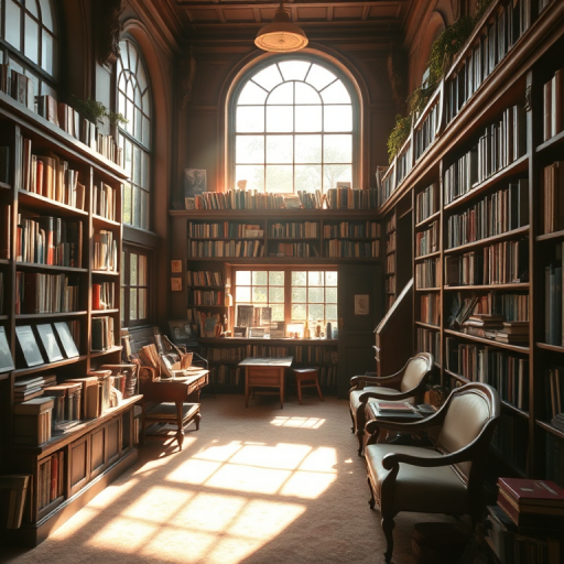 Soft-focus image of a charming old bookstore with wooden shelves crammed with books, sunlight streaming through large windows, creating pools of light on the plush carpet and inviting reading nooks.
