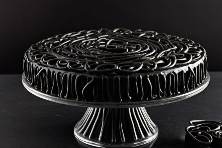 Create an image of a round cake covered in black licorice, resembling tangled worms, displayed on a decorative glass cake stand. The background should be dark and spooky, enhancing a Halloween theme.