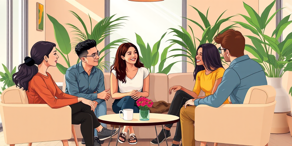 Create an illustration of a diverse group of five individuals engaged in a discussion, seated in a cozy modern living room setting with plants in the background, using a DSLR camera with a 50mm lens, aperture set to f/2.8, ISO 200, natural lighting for a warm and inviting atmosphere.