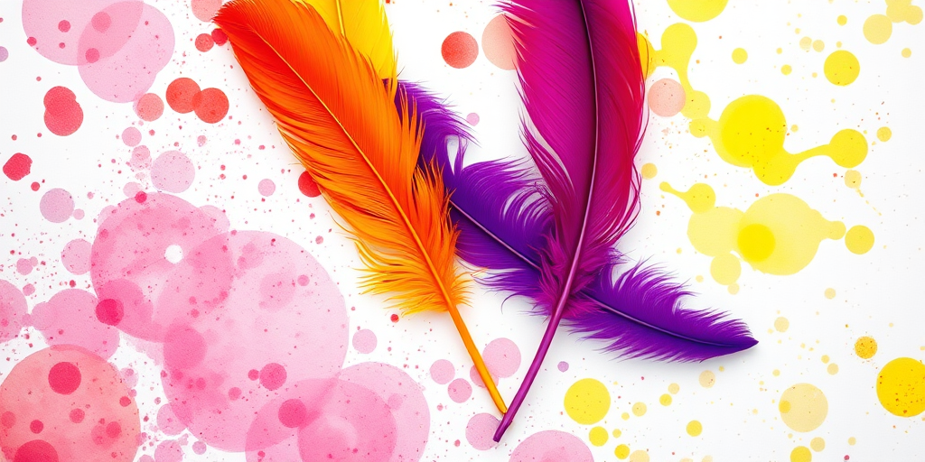 Create a high-resolution image of three vibrant feathers (red, yellow, and purple) against a watercolor splatter background, using a DSLR camera with a 50mm lens at f/1.8, ISO 200, shutter speed 1/200s, shot from a slightly above angle in a natural light setting.