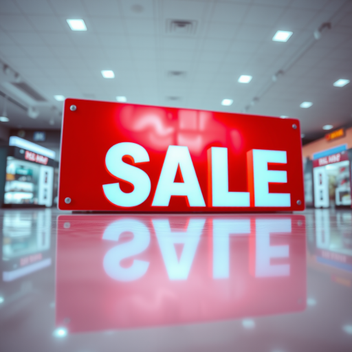 Create a vibrant red SALE sign with large bold white letters, using a DSLR camera, 50mm lens, f/2.8 aperture, ISO 100, shot from a low angle view, with soft lighting to enhance reflections on a glossy surface.