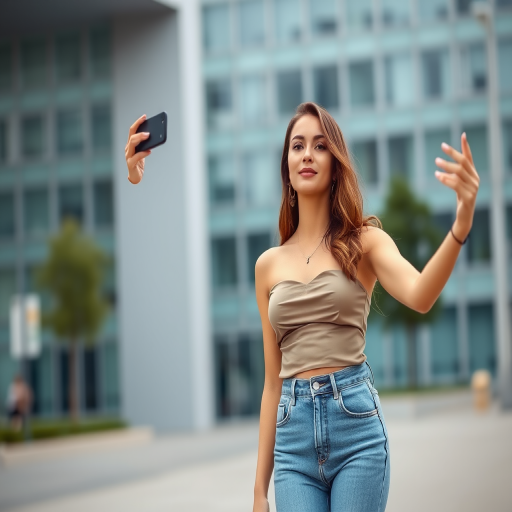 Create an image of a stylish woman taking a selfie outdoors, dressed in a strapless top and high-waisted jeans, with a modern architecture backdrop, using a DSLR camera, 50mm lens, f/1.8 aperture, ISO 100, natural light, shallow depth of field.
