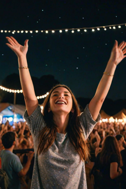 Crowded music festival under the stars, the stage lights illuminating the night, and a woman dancing with friends, her arms in the air as music pulses through the air.