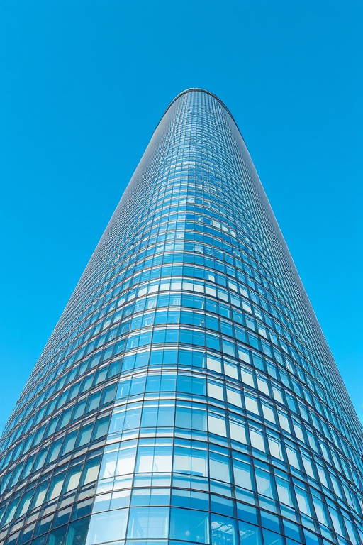 photograph a modern skyscraper with a curved glass facade under a clear blue sky, use a wide-angle lens at 24mm, aperture set to f/8 for sharpness, ISO 100 for high quality, take from a low angle to emphasize the height and curvature of the building