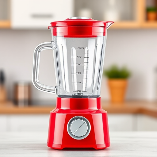 Create a high-quality vector image of a red blender with a clear pitcher, using a DSLR camera with a 50mm lens, f/2.8 aperture, ISO 100, with a soft-focus background and bright lighting for enhanced clarity and detail.