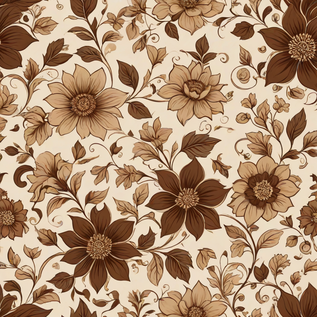 Create a seamless floral pattern featuring large brown and beige flowers with intricate designs, accompanied by smaller flowers and gentle vines on a light beige background.