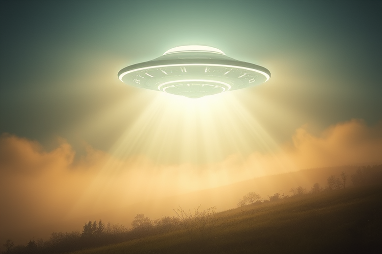 Create a futuristic image of a glowing UFO hovering above a misty landscape with beams of light streaming down, shot with a Canon EOS R5 at f/2.8, ISO 100, 1/125s, in a low-angle perspective with a soft focus background to enhance the ethereal quality.