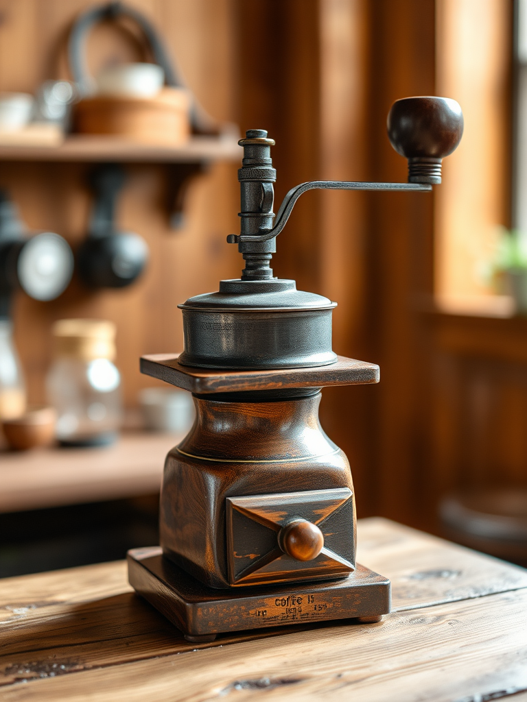 close-up shot of a vintage coffee grinder on a wooden surface, natural lighting, aperture f/2.8, shutter speed 1/200s, ISO 100, 50mm lens, blurred background to enhance focus on the grinder